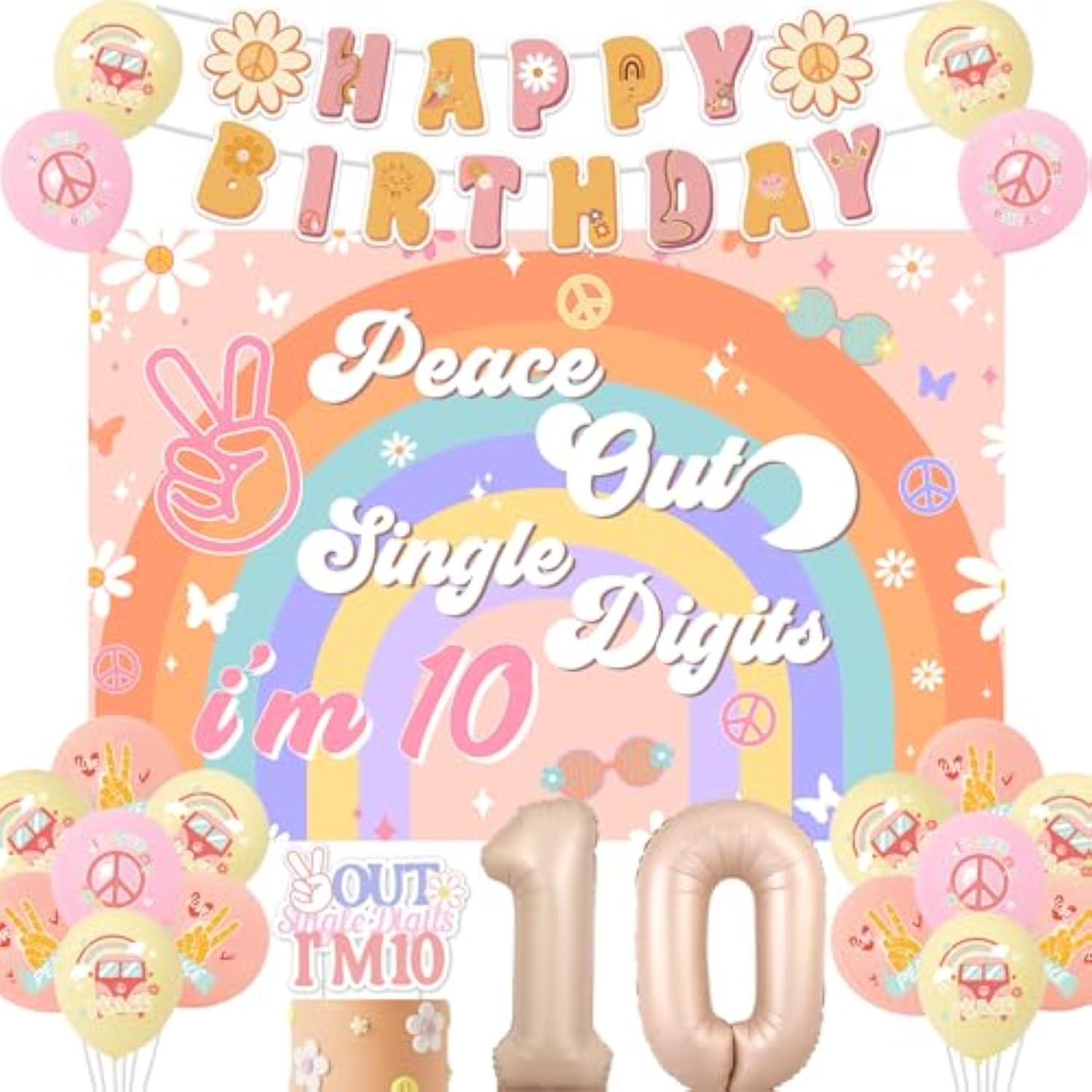 Peace Out Single Digits Party Decoration Girl, Groovy 10Th Birthday Decorations Boho Happy Birthday Banner Peace Out Single Digits I’M 10 Backdrop Cake Topper Number 10 Foil Balloon For 10Th Birthday