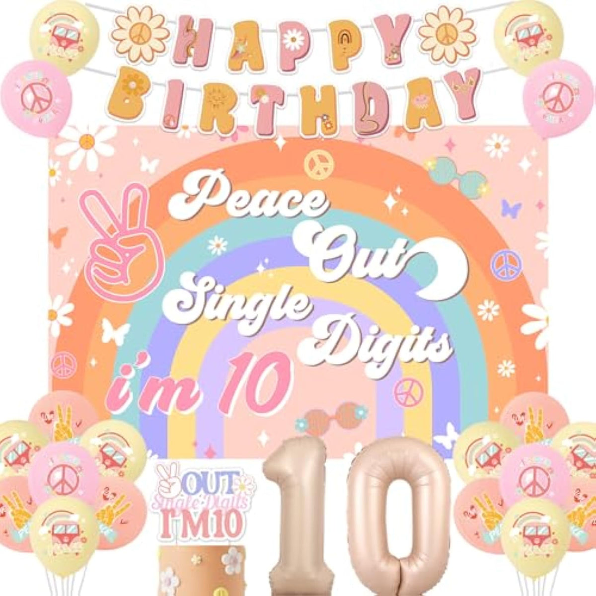 Peace Out Single Digits Party Decoration Girl, Groovy 10Th Birthday Decorations Boho Happy Birthday Banner Peace Out Single Digits I’M 10 Backdrop Cake Topper Number 10 Foil Balloon For 10Th Birthday