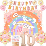 Peace Out Single Digits Party Decoration Girl, Groovy 10Th Birthday Decorations Boho Happy Birthday Banner Peace Out Single Digits I’M 10 Backdrop Cake Topper Number 10 Foil Balloon For 10Th Birthday