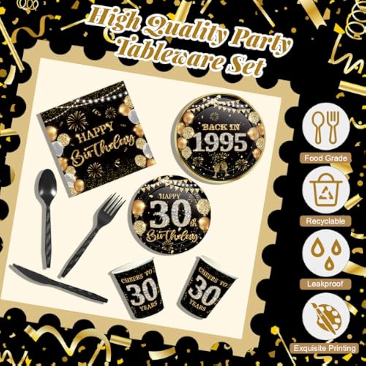 240 Pcs 30Th Birthday Decorations Birthday Party Tableware Include Plates Napkins 9Oz Cups Cutlery Anniversary Dinnerware Party Supplies For Men Women Him Her, Serve 30 Guests (Black Gold)