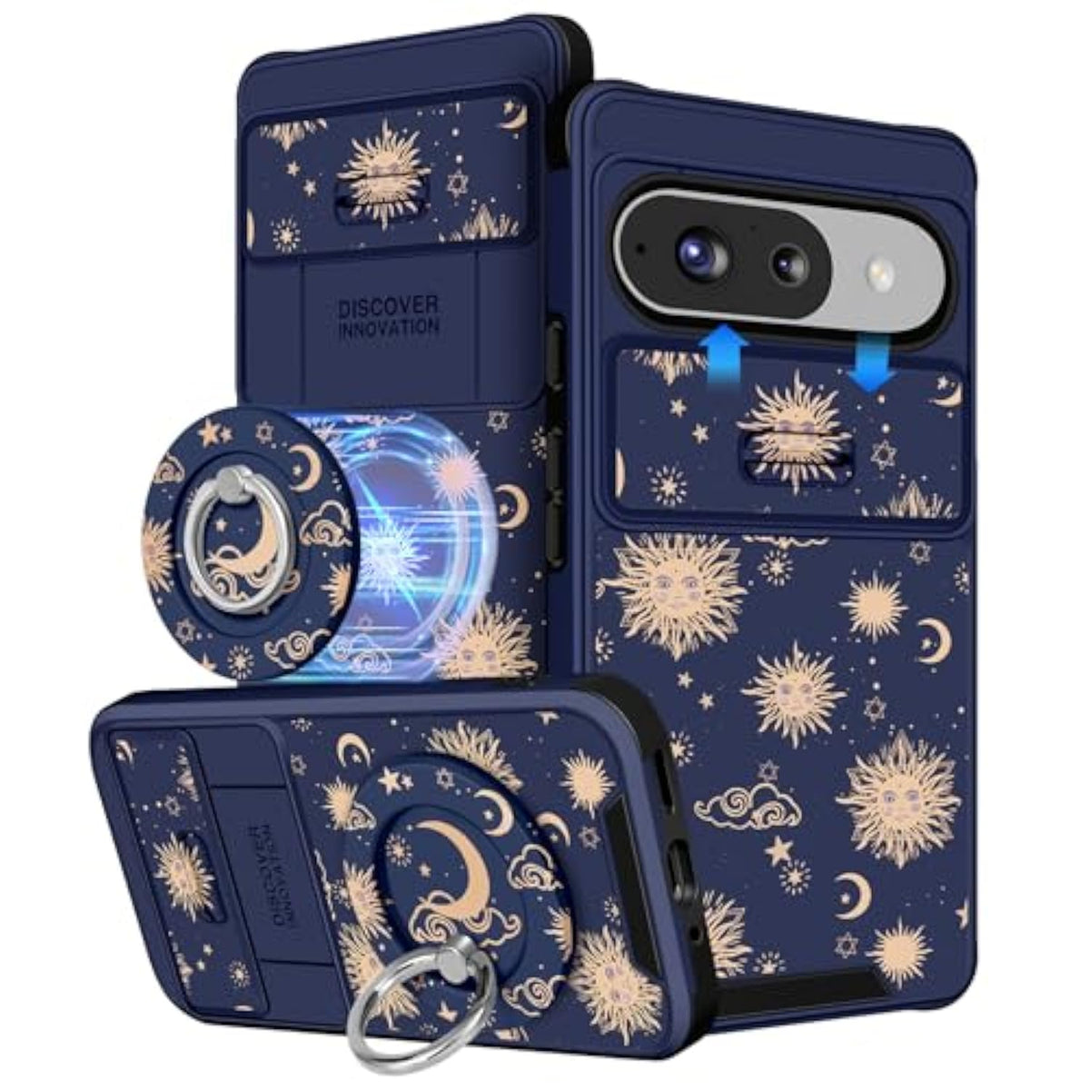 For Google Pixel 9 Case/Pixel 9 Pro Case - With Ring Stand & Camera Cover Aesthetic Cute Designed Women Girls Girly Kawaii Sun Moon Stars For Pixel 9/9 Pro Phone Case Compatible With