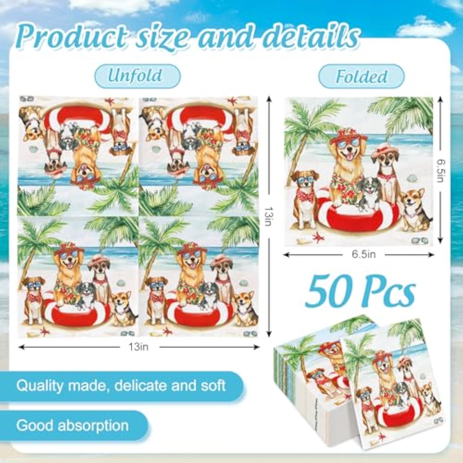 50Pcs Summer Dog Paper Napkins Tropical Beach Disposable Luncheon Napkins Dessert Dinner Hand Napkin For Birthday Pool Party