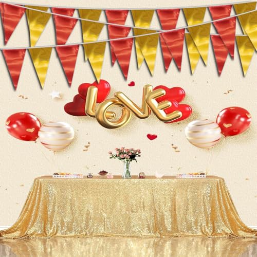 20M/65FT Red Gold Triangle Pennant Banner Flag Metallic Fabric Bunting Garland for Christmas Graduation Anniversary Birthday Engagement Wedding Anniversary Casino Party Decorations Supplies