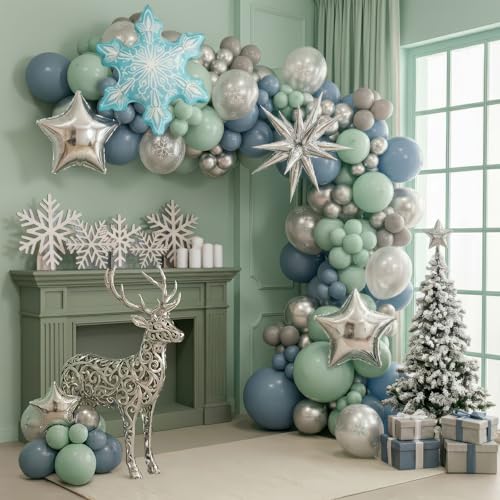 Winter Wonderland decorations with Dusty Blue Green Silver Gray Balloon arch & Foil Star balloons Artificial Snowflakes for baby its cold outside birthday Christmas new year eve party decorations