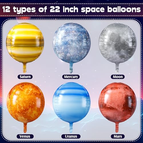 12 Pcs Space Balloons 22 Inch Large 4D Galaxy Planet Balloons World Map Globe Inflatable Earth Outer Space Party Decorations for Travel Theme Party Birthday Earth Day