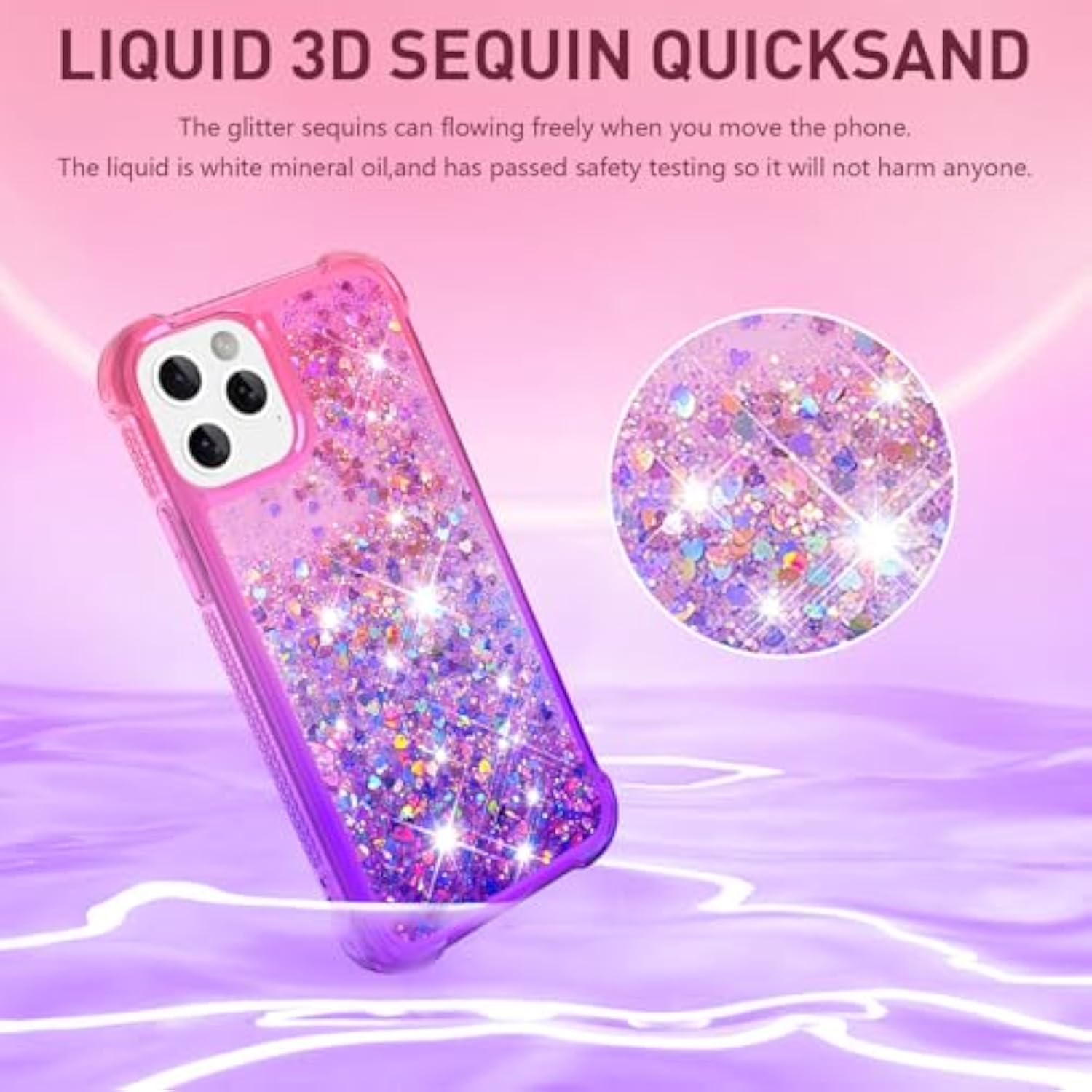 For Iphone 12 Case Glitter With Screen Protector, Girls Women Girly Cute Bling Sparkly Liquid Floating Slim Tpu Soft Shockproof Protective Phone Cover For Iphone 12/12 Pro -Pink Purple