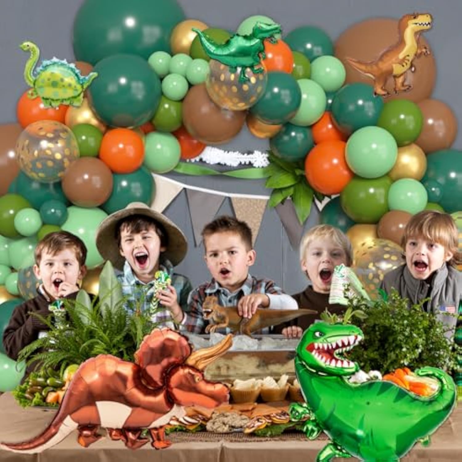 161-Pc Dinosaur Balloon Garland Kit Green, Brown & Orange Dino Party Decor