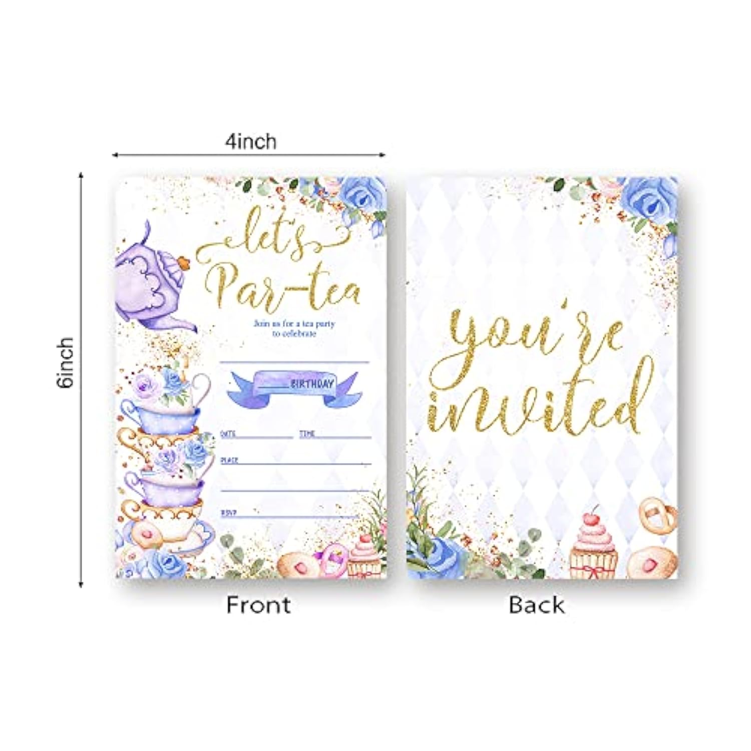 Partiness Tea Party Birthday Invitations For Girls, Purple And Gold Par-Tea Invite, Tea Birthday Party Invites Decorations. (056)