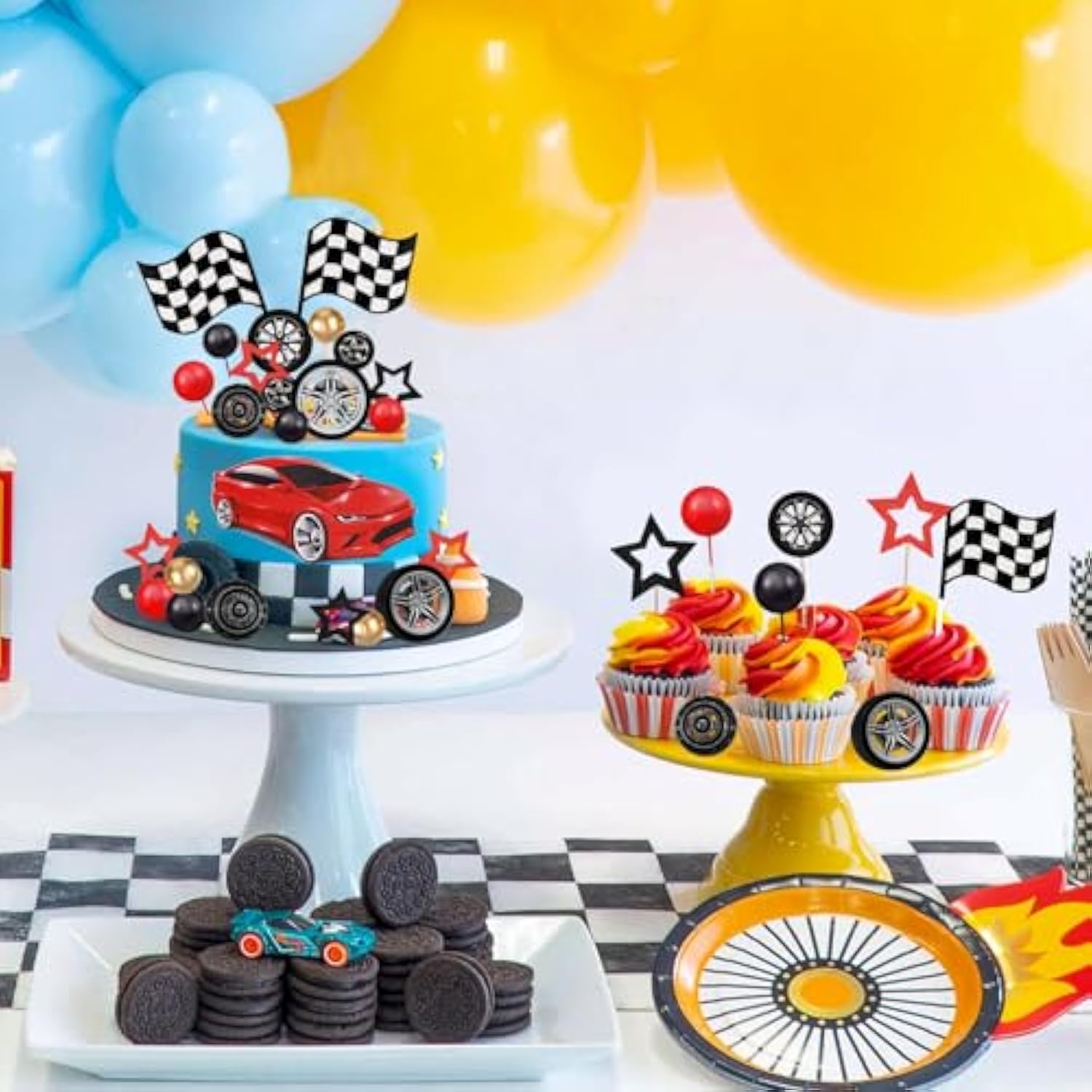 Racing Wheel Cake Topper 27Pcs Race Car Cake Toppers Tyre Cake Decorations Checkered Flag Car Cake Cupcake Decoration For Man Boy Kid Racing Car Theme Birthday Supplies