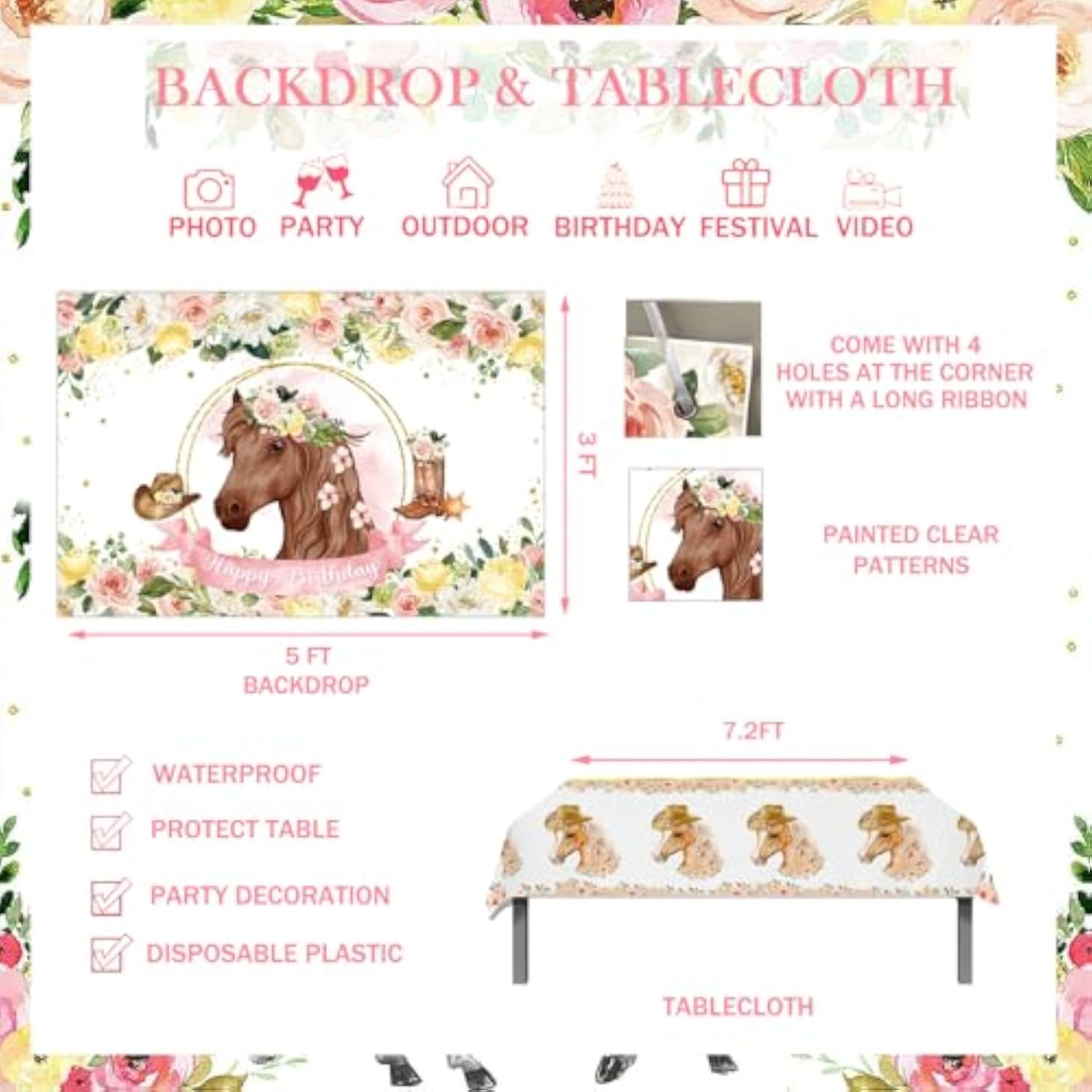 Horse Party Decorations For Girl, Floral Pink Brown Horse Western Themed Birthday Decorations Backdrop Balloon Garland Cutout Happy Birthday Banner Tablecloth Cake Cupcake Topper