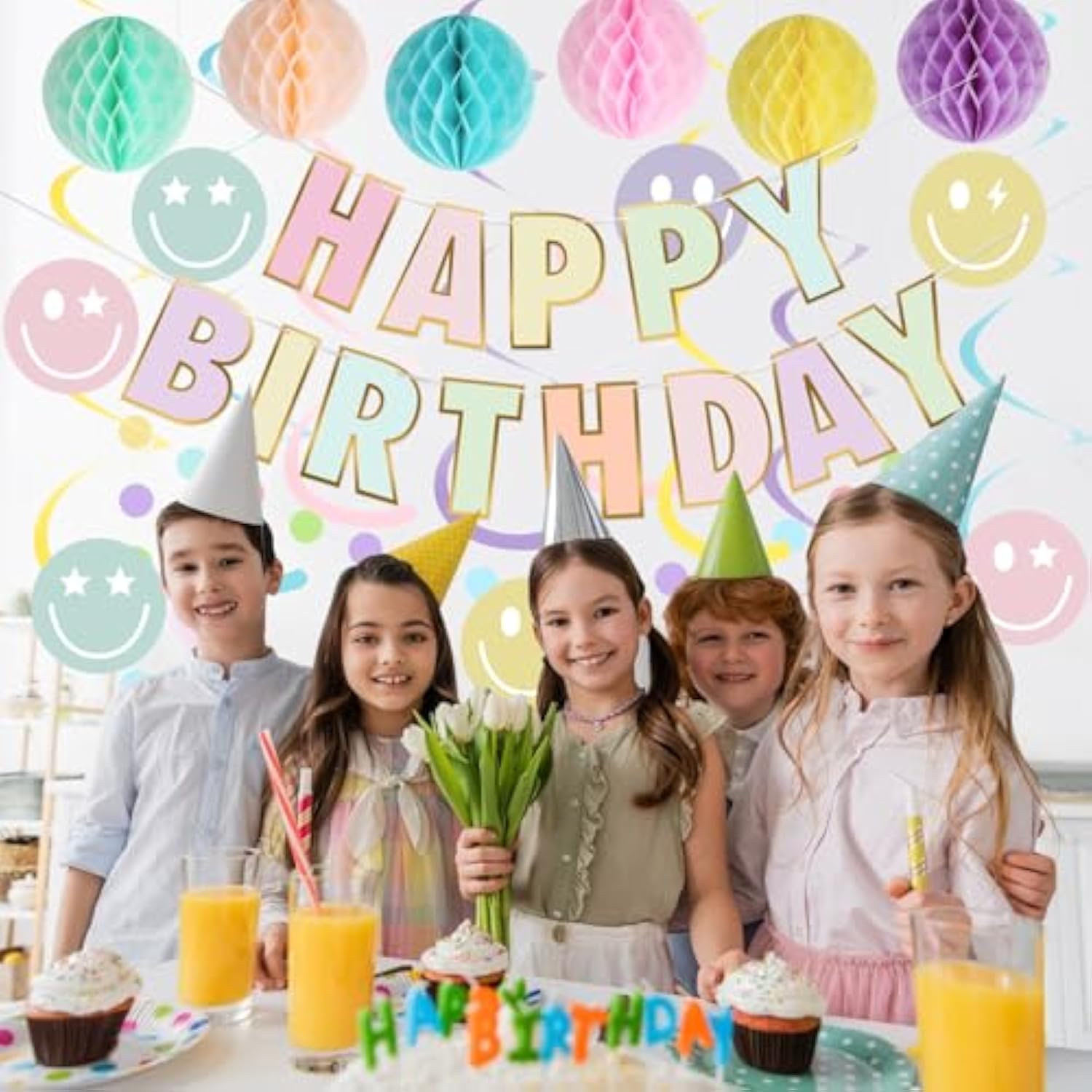 Birthday Decorations, No Diy, Pre-Strung Happy Birthday Banner With Honeycomb Balls, Hanging Swirls, Circle Dots Garland, Happy Birthday Party Decorations For Women Men Boys Girls (Pastel)