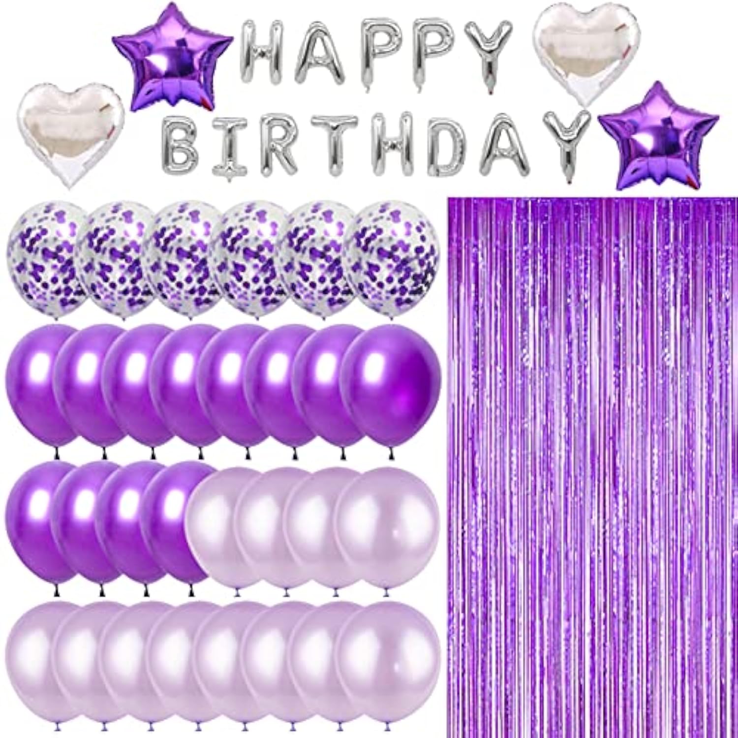 Purple & Silver Birthday Party Set – 49pcs Balloons, Fringe Curtain and 1 inches Letter Banner