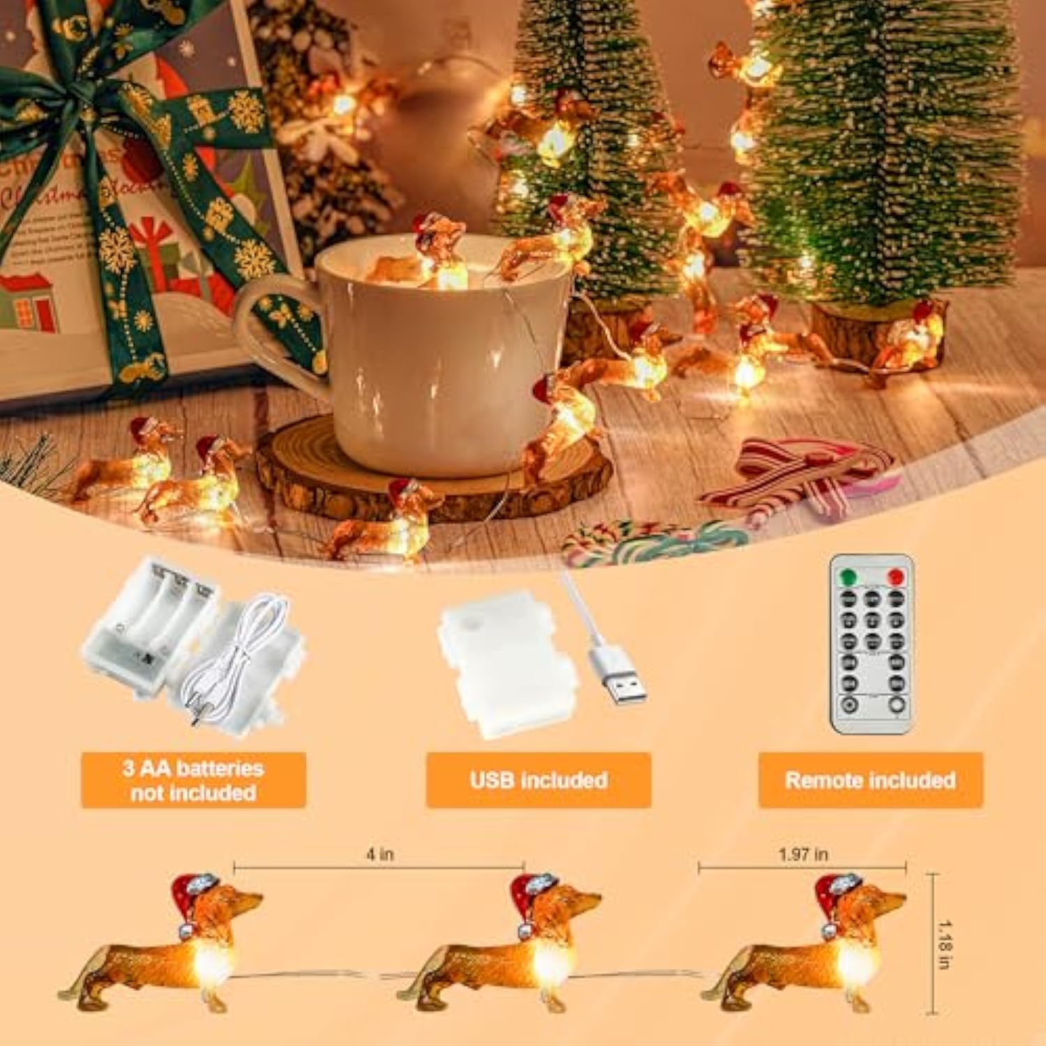 Dachshund Dog String Lights, 10Ft 30 Led Weiner Dog Twinkle Lights, Usb & Battery Operated Dachshund Christmas Lights Wi