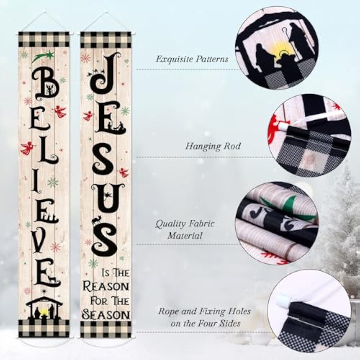 Christmas Jesus Door Banner Porch Sign Jesus Is The Reason For The Season Religious Hanging Decorations Xmas Nativity Scene Black White Buffalo Plaid Banner Flag For Holiday Home Outdoor Wall