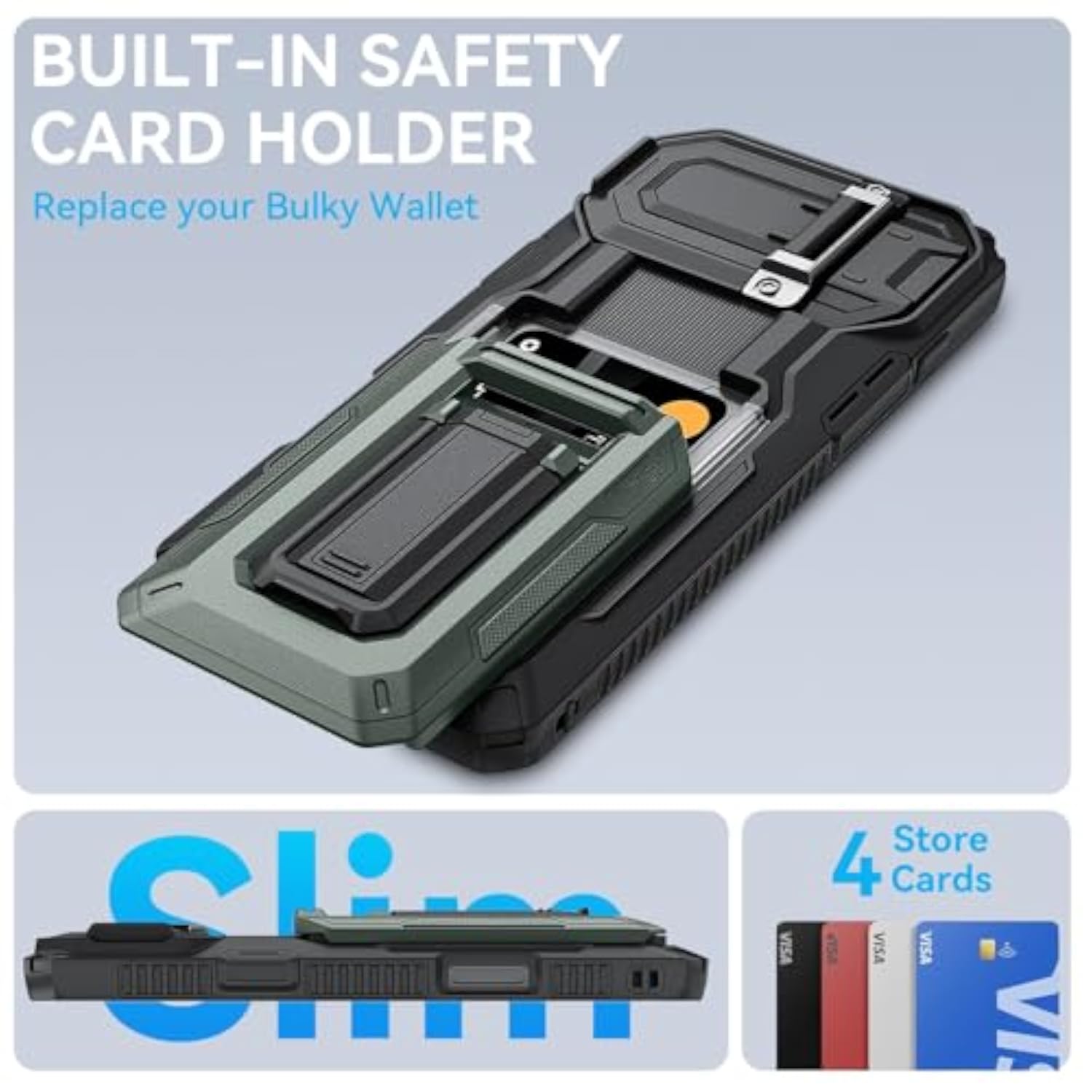Heavy Duty Rugged Phone Case for iPhone 16 Pro Max with Semi-Automatic Card Slot, RFID Blocking, Kickstand, and Camera Lens Cover, Wallet, Green Color, 6.9 Inch Screen Size