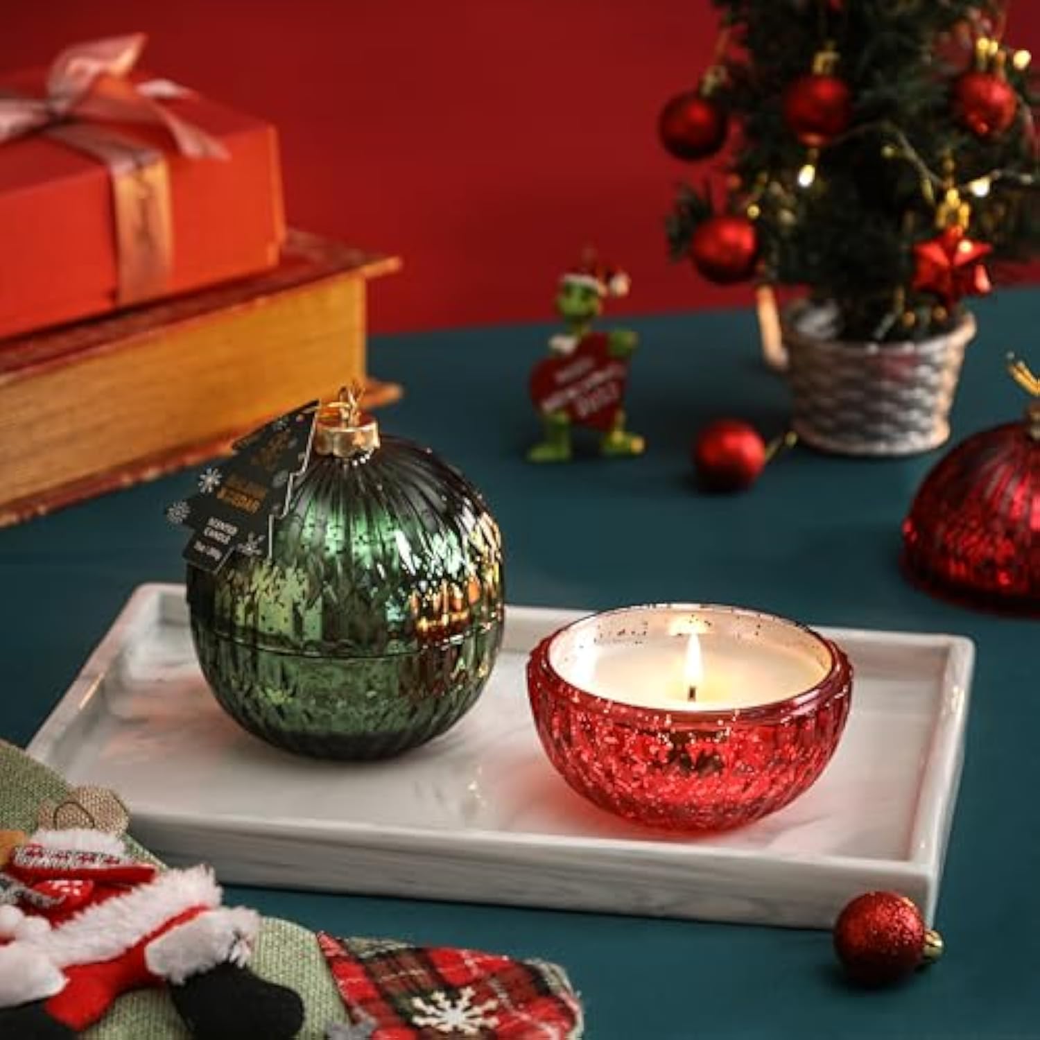 Christmas Ornament Ball Candle, Balsam & Cedar Scented Candle, Green Glass Ball Decor, Xmas Gift, Holiday Tabletop Centerpiece