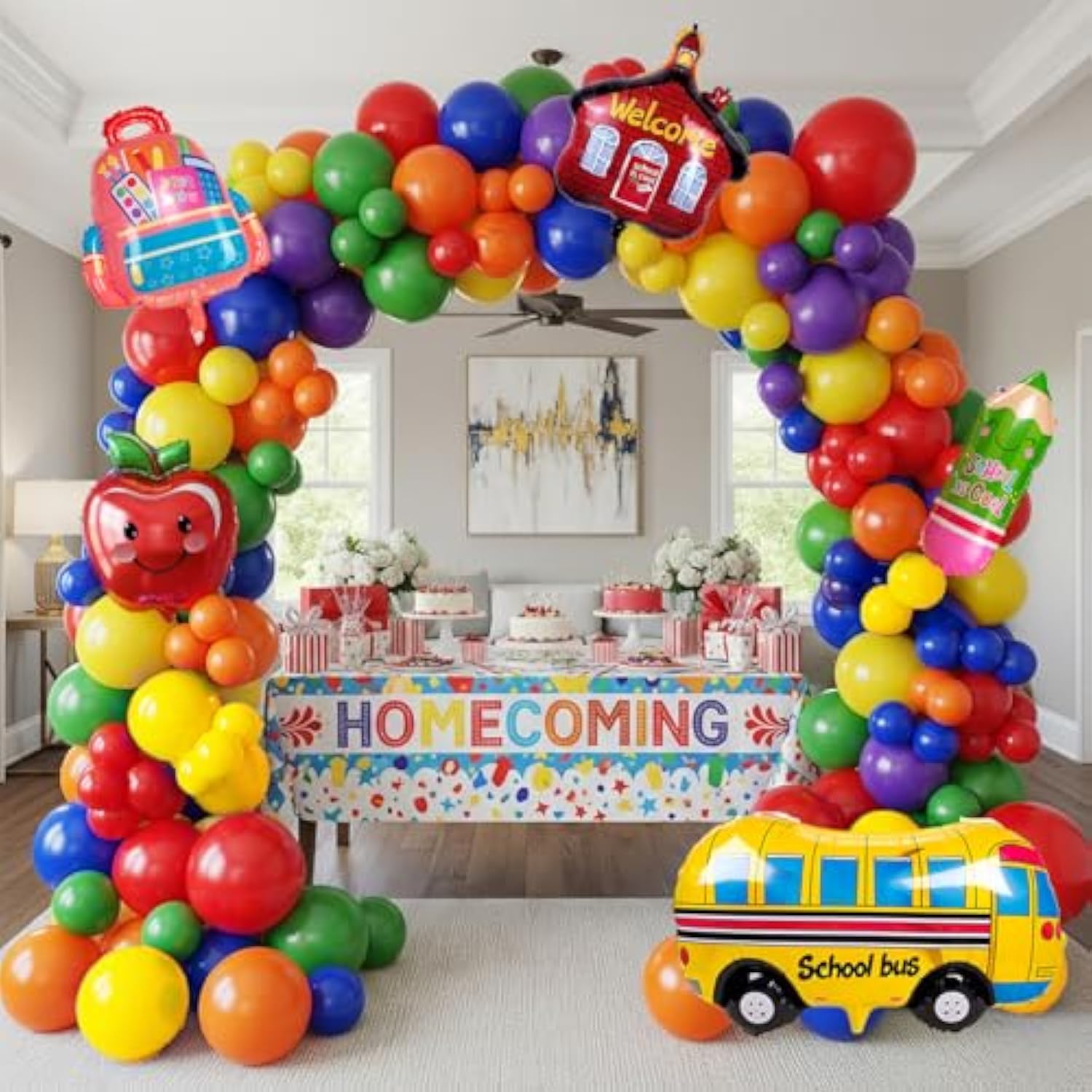 Wellcome Back To School Balloon Garland Arch Kit 120Pcs With Apple School Bus Classroom Pencil Mylar Balloon For Back To School Kid Birthday Party Decorations