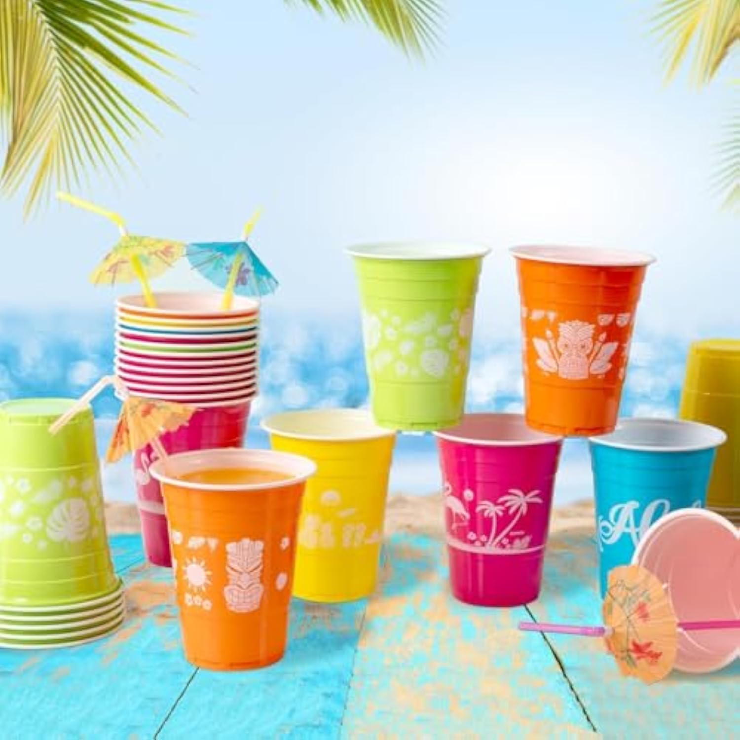50 Hawaiian Luau Party Decorations Cups With Parasol Straws -16Oz Disposable Party Cups For Tropical Luau Moana Birthday Party Decor Supplies