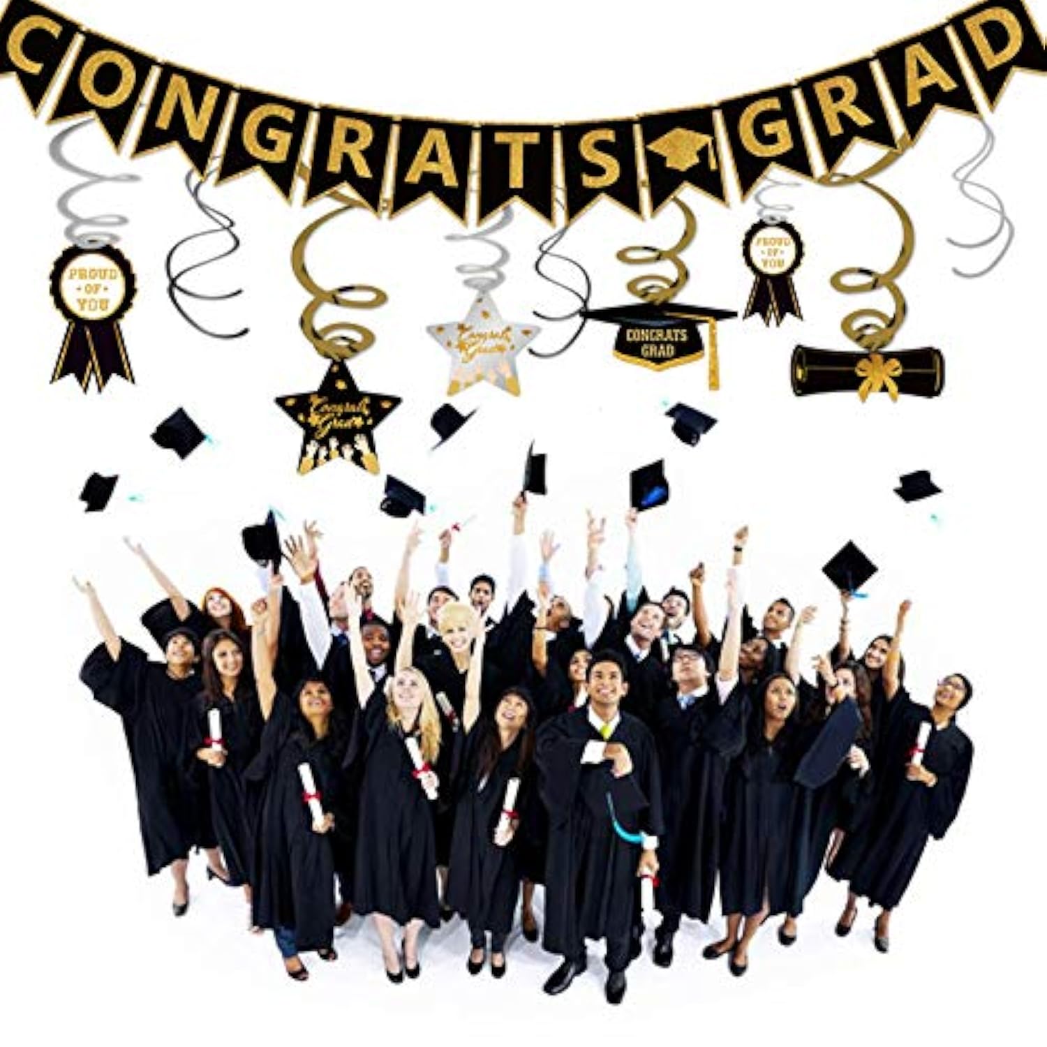 Graduation Hanging Swirl Banner Decorations, Black Gold Silver Star Ba