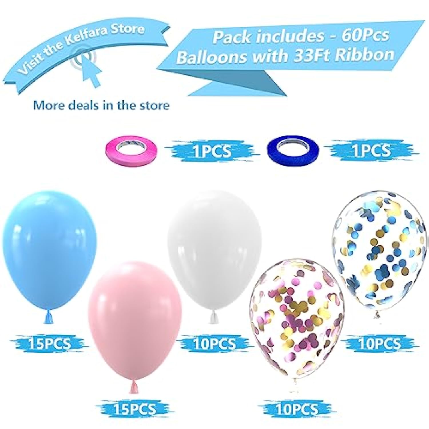 Pink Blue White Balloons,60 Pcs 12 Inch Pink Blue And White Pastel Gold Blue Confetti Latex Balloons With 2Rolls 33Ft Ribbon For Birthday Baby Shower Gender Reveal Party Supplies And Decorations