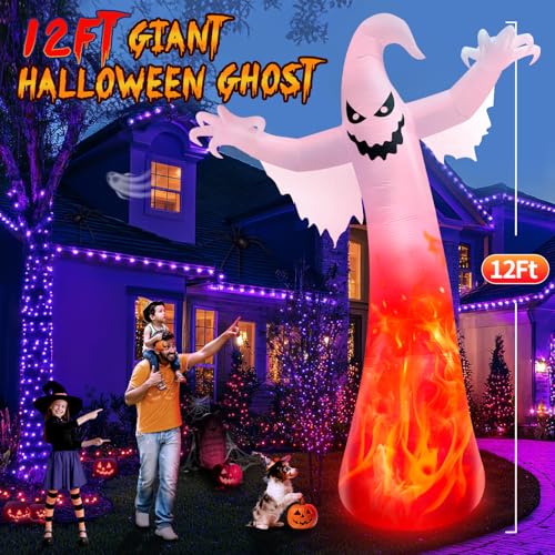12FT Giant Halloween Inflatables Ghost with 3-Colored Flame Rotation Light