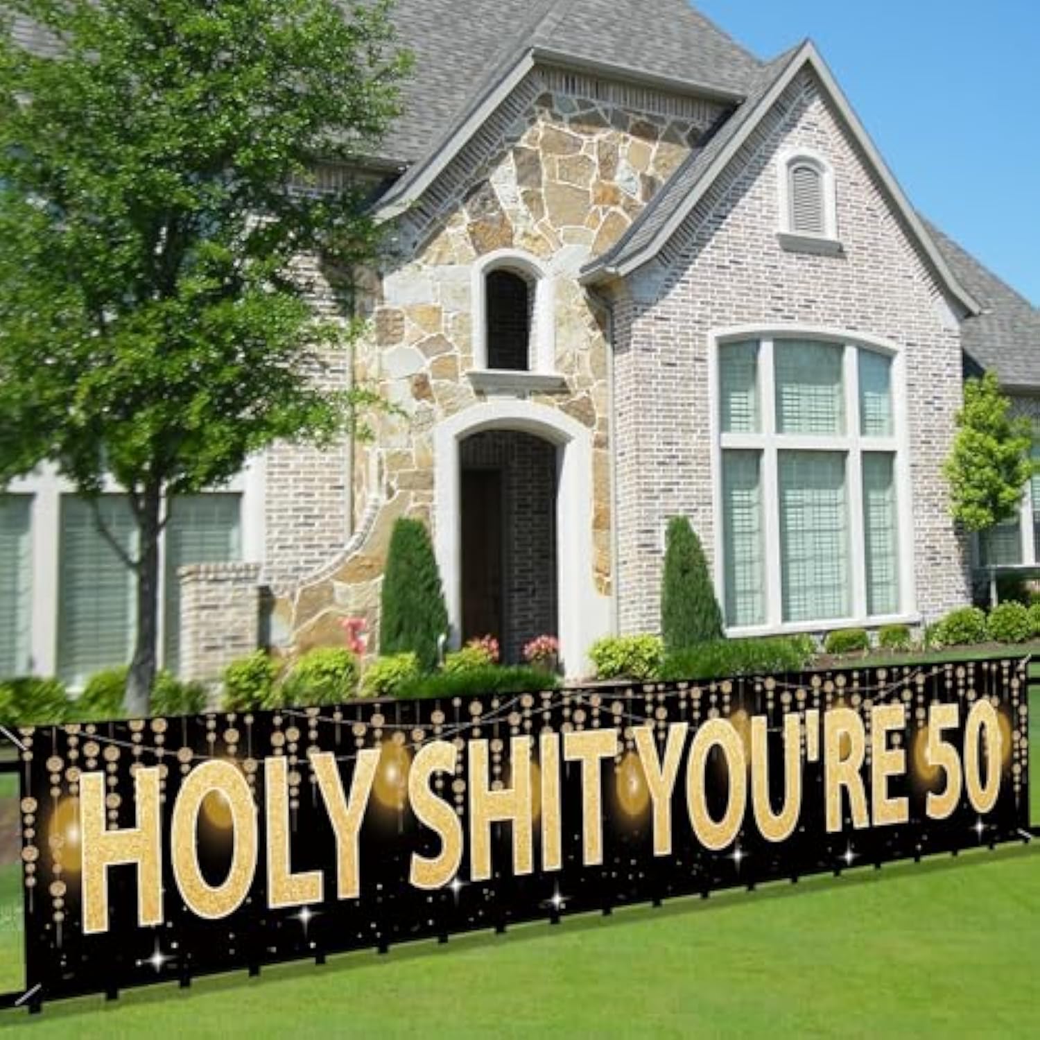 Funny “Holy Shit You’re 50” Banner, 9.8×1.6 Ft Black & Gold Birthday Decor