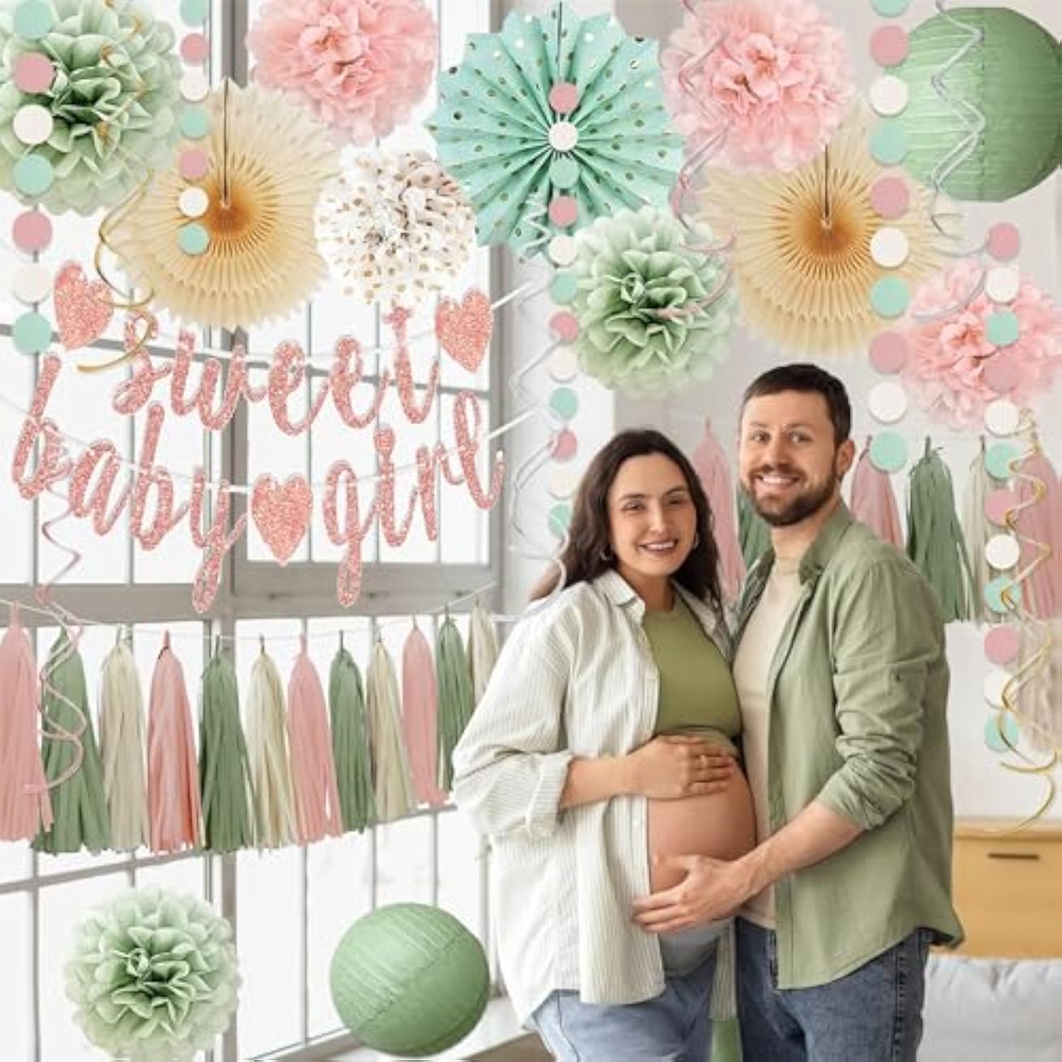 Sage Green And Blush Pink Baby Shower Decorations - Sweet Baby Girl Banner, Olive Green Lanterns, Streamers, Tissue Pom Poms, Paper Fans, Pink Beige Boho Paper Tassel, Rustic Backdrop Decor