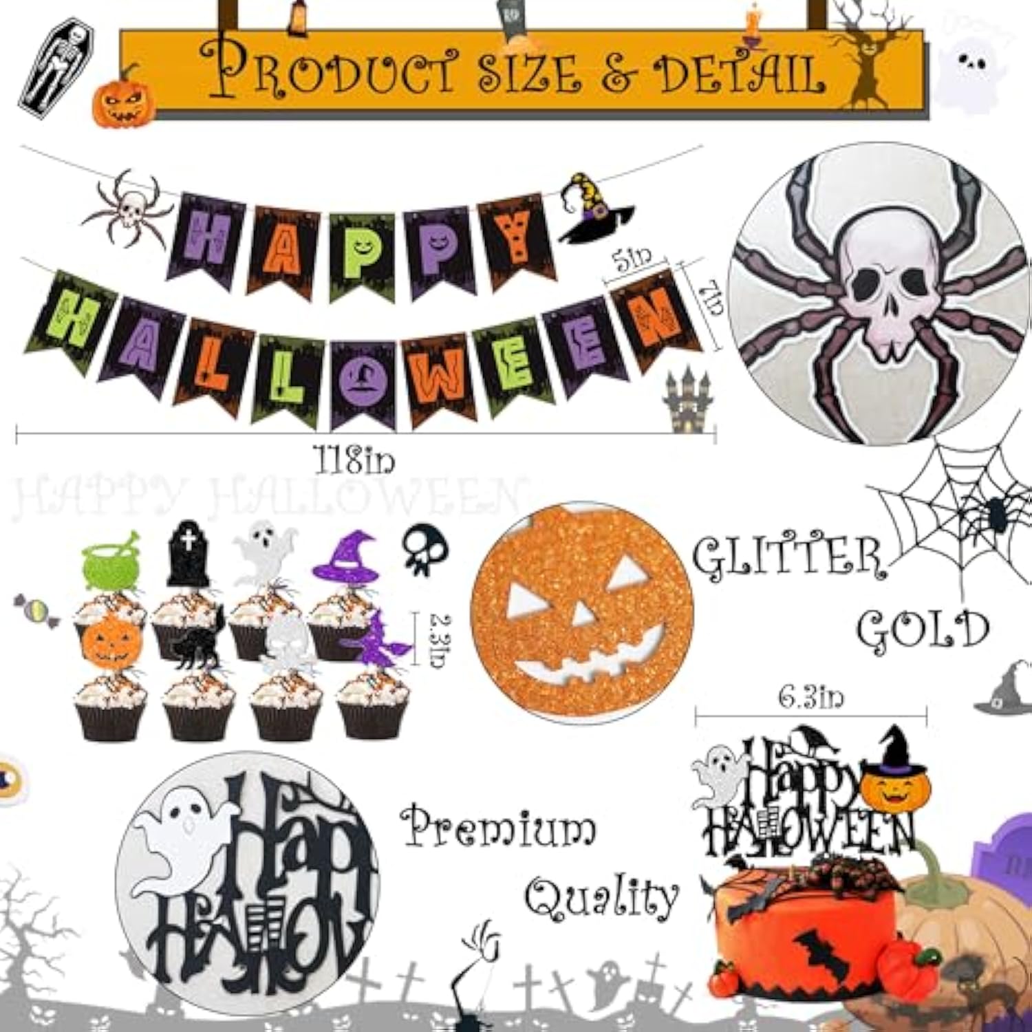 110 Pc Halloween Party Decoration Kit – Banner, Balloons, Tablecloth, Cutouts & Cake Supplies for Birthday