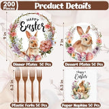 200 Pcs Easter Plates and Napkins Bulk Set, Disposable Dinner Plates, Vibrant Rabbit Floral Easter Decorations Includes Platters Napkins Forks, Spring Tableware for Egg Hunt Party Holiday Supplies
