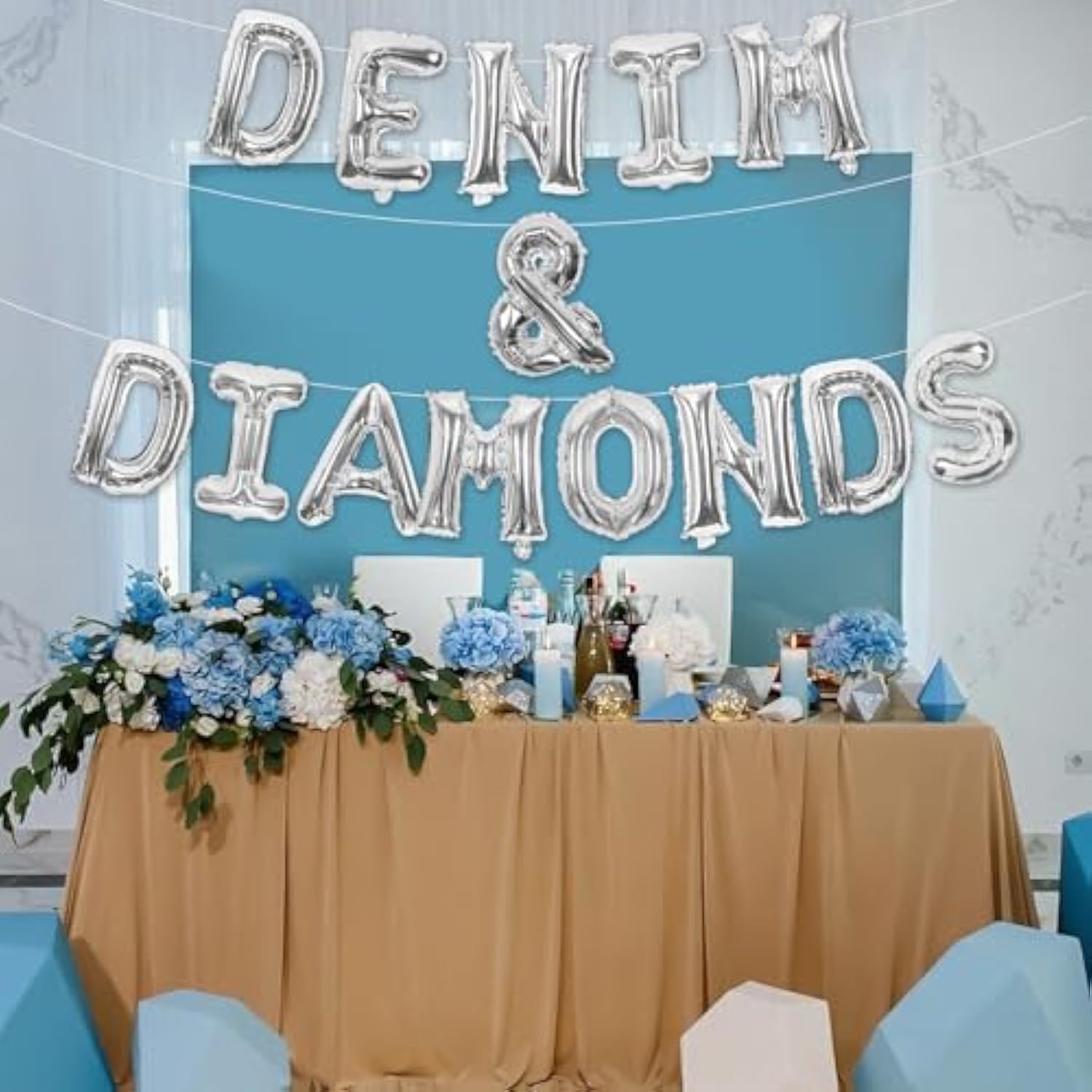 Denim And Diamonds Party Decorations Include Denim And Diamonds Silver Balloon Banner Denim And Pearls Party Decor For Crystal Theme Bridal Shower Blue Jeans Wedding Bachelorette Party