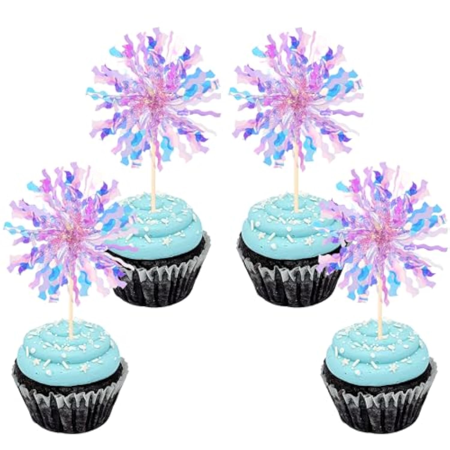 30 Pcs Foil Firework Cupcake Toppers Sparkle Tinsel Cupcake Picks Happy Birthday Cake Toppers Drink Stirrers Cocktail Food Fruit Toothpicks For Baby Shower Birthday Party Decorations Supplies Purple