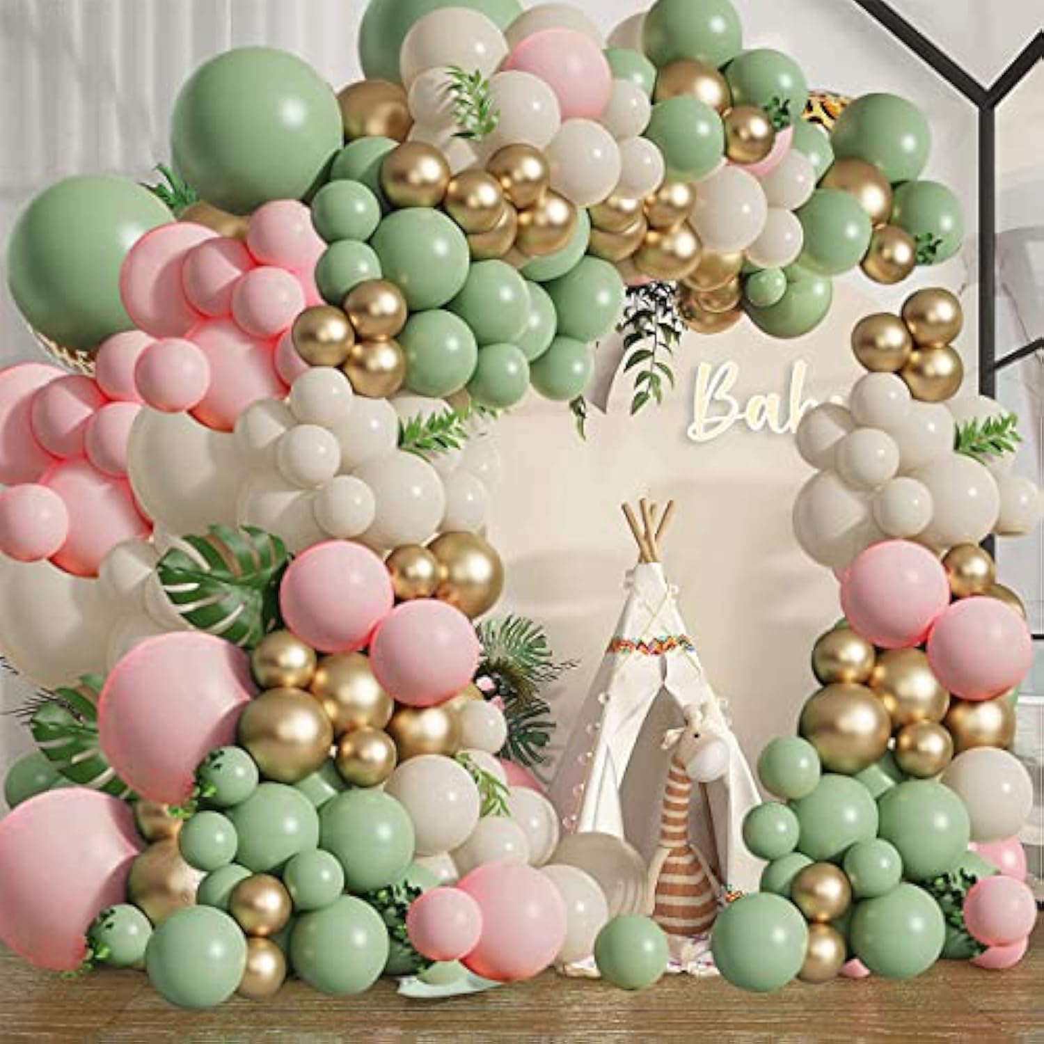 Sage Green Pink Balloons Garland Kit,133Pcs Olive Green Blush Pink Sand White Metallic Gold Balloons For Girl Baby Shower Bridal Shower Wedding Birthday Jungle Safari Woodland Party Decorations…