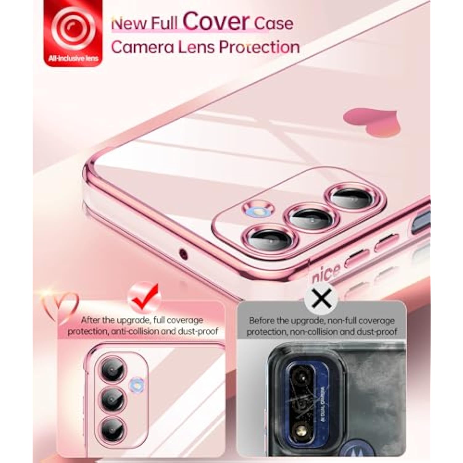 For Galaxy A16-5G Phone Case: Tempered Glass Screen Protector [2 Pcs]+ Full Camera Lens Protection,Love Heart Plating Luxury Shockproof Phone Case Para Samsung A 16 5G Cute,Pink