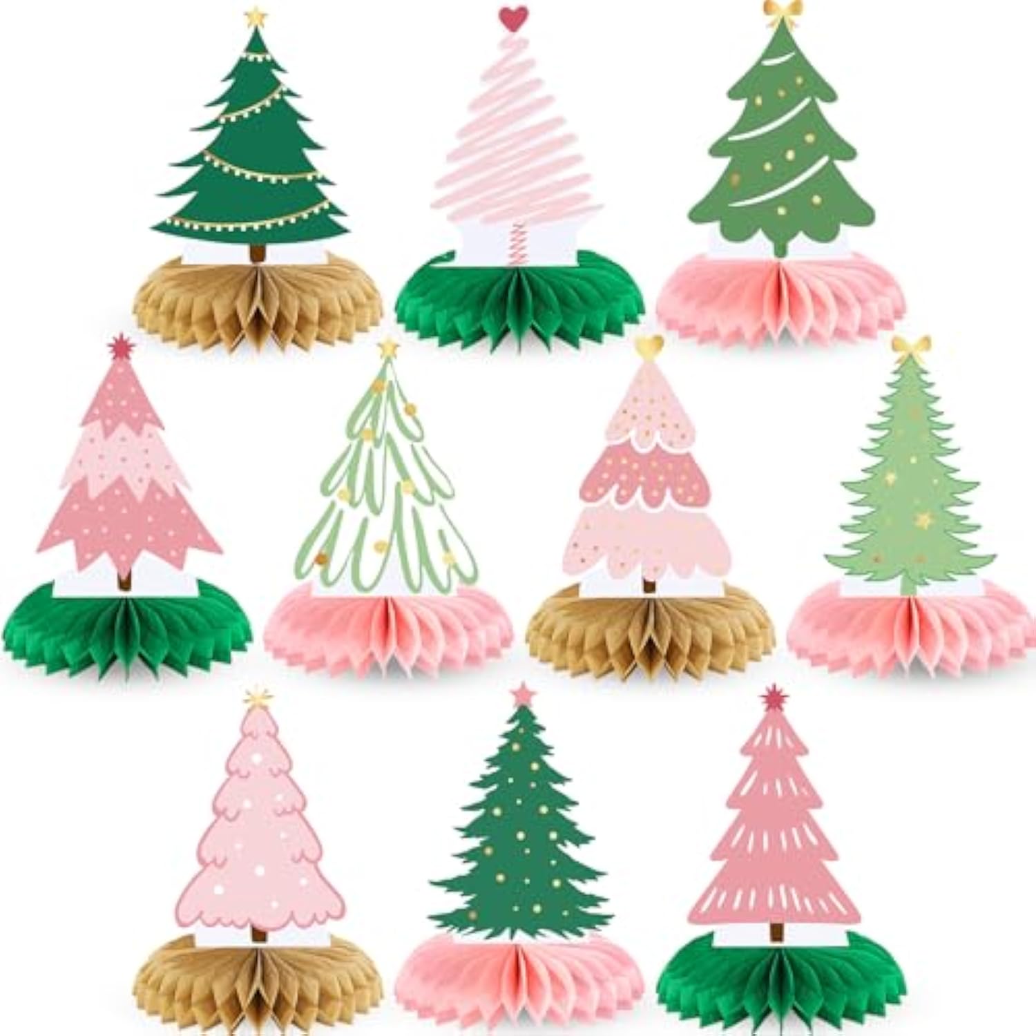 10 Pcs Christmas Tree Honeycomb Centerpieces 3D Xmas Paper Trees Centerpiece Winter Pink Green Tree Table Decor For Merry Christmas Party Supplies Indoor Home Holiday Sign