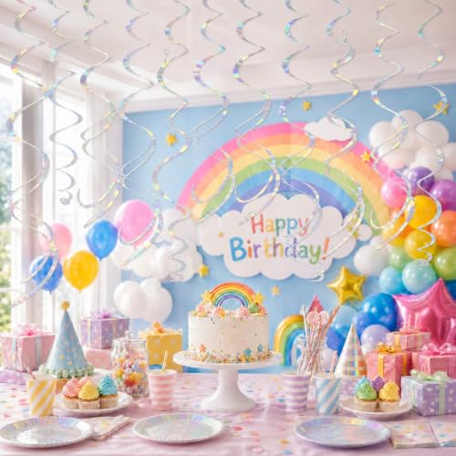 30PC Iridescent Hanging Swirl, Holographic Ceiling Swirl Foil Streamers