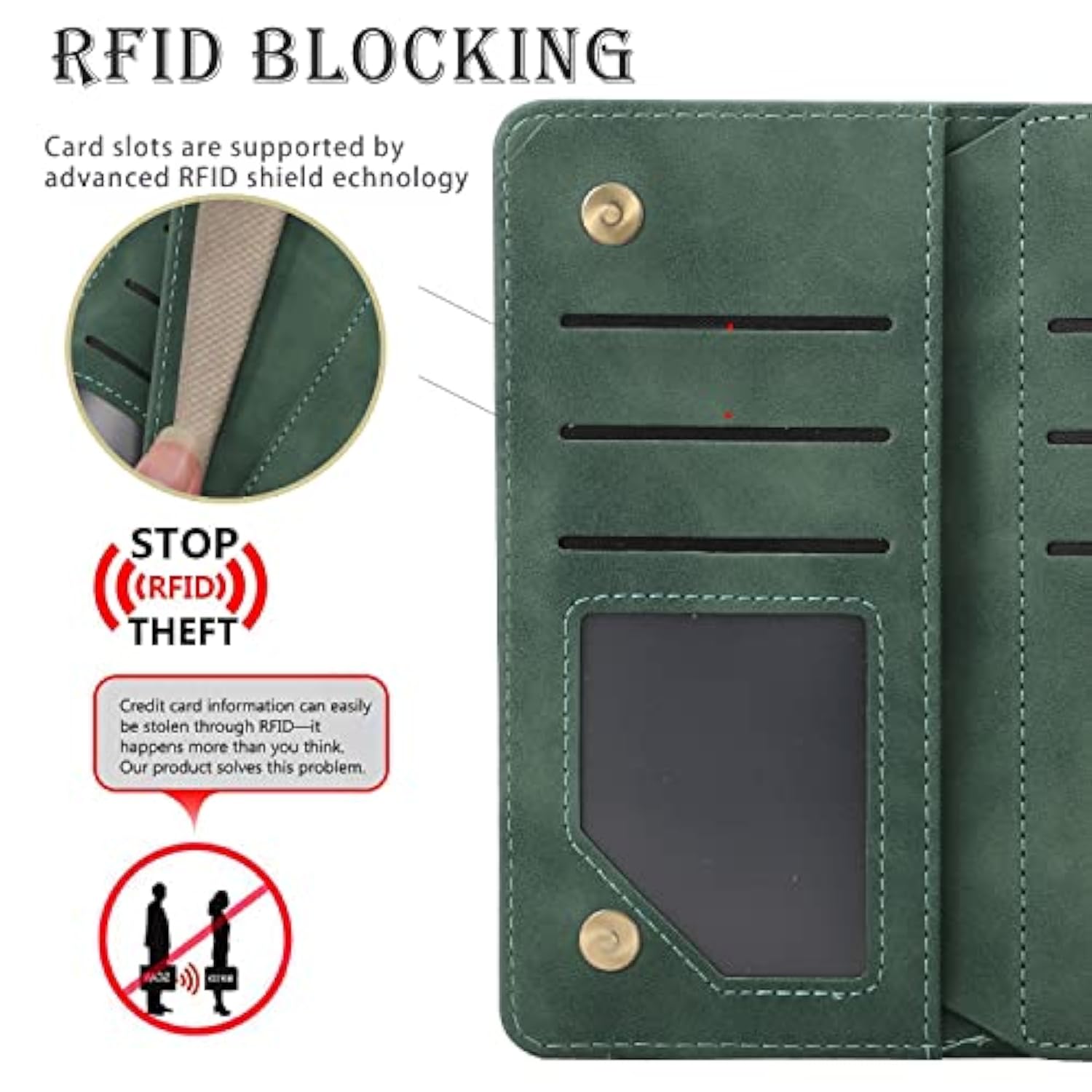 Wallet Case For Iphone 15 (6.1 Inch) With Rfid Blocking Credit Card Holder, Premium Pu Leather [Zipper Pocket] Flip Folio Wallet With Wrist Strap Kickstand Protective Case (Black Green)