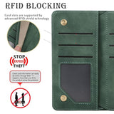 Wallet Case For Iphone 15 (6.1 Inch) With Rfid Blocking Credit Card Holder, Premium Pu Leather [Zipper Pocket] Flip Folio Wallet With Wrist Strap Kickstand Protective Case (Black Green)