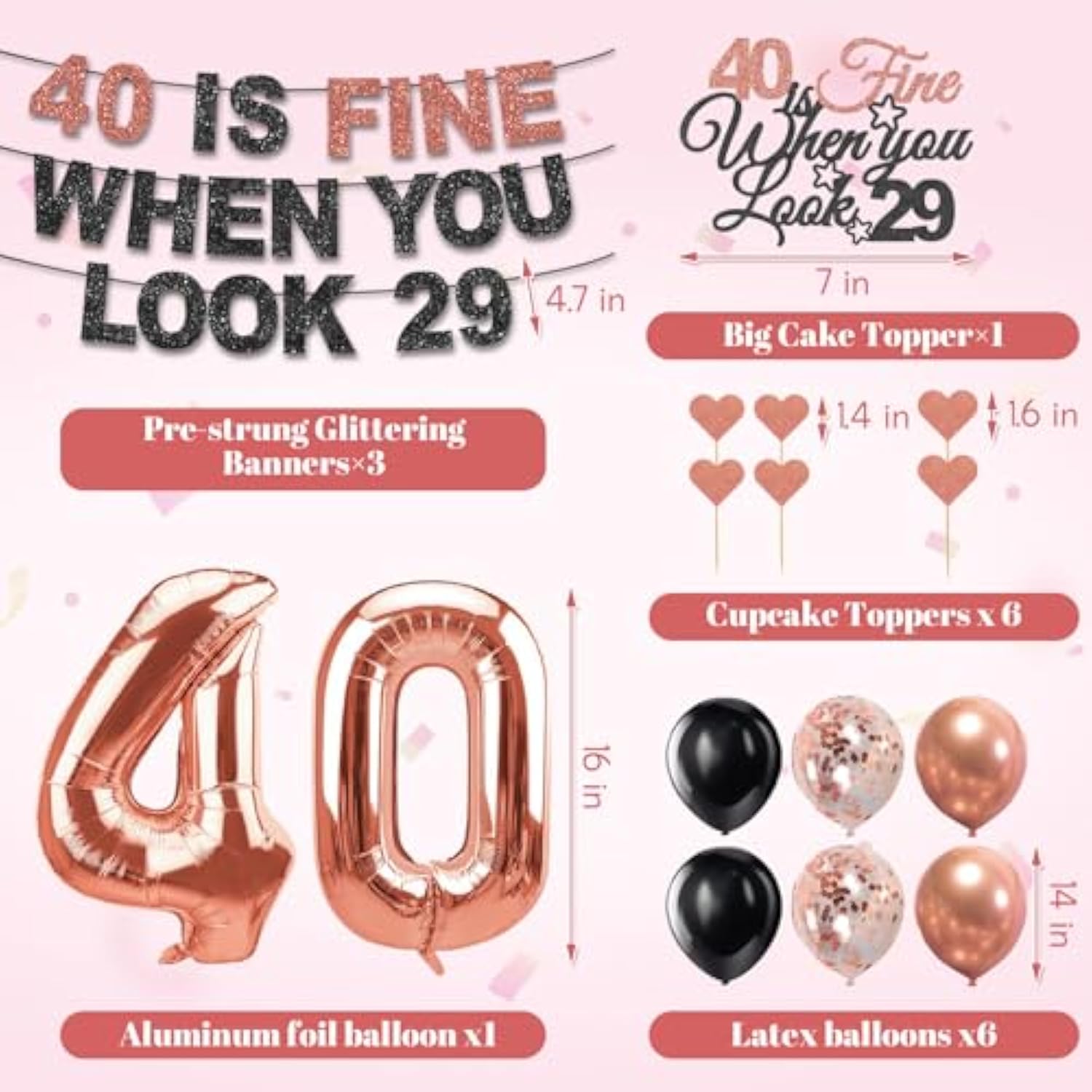40Th Birthday Decorations For Women, Pre-Strung 40 Is Fine When You Look 29 Banner, Number 40 Balloons Cake & Cupcake Toppers Party Supplies Kit, 40 Year Old Birthday Party Decorations