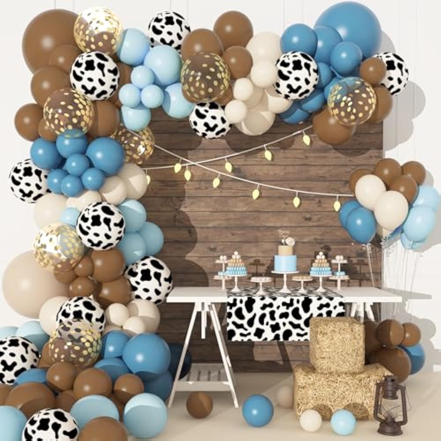 170pcs Blue Cowboy Balloon Arch Kit with Cow Print & Confetti for Baby Shower
