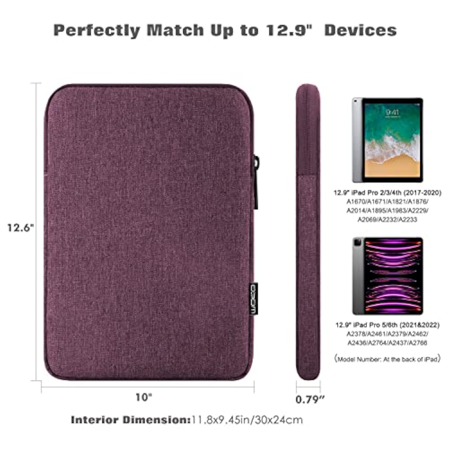 MoKo 12.9 Inch Tablet Sleeve Fits 13 Inch New iPad Pro M4 & Air M2 2024,iPad Pro 12.9 M2&M1,Galaxy Tab S8+/S9+ 12.4,Surface Laptop Go 12.4,Polyester Bag Fit with Apple Pencil or Smart Keyboard, Purple