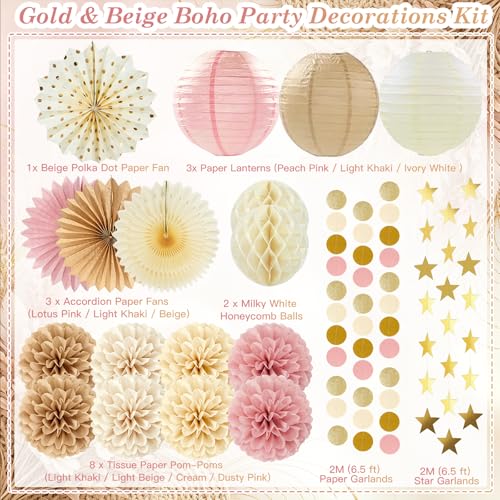 Boho Paper Party Decorations, Blush Pink Champagne Gold Elegant Party Decor