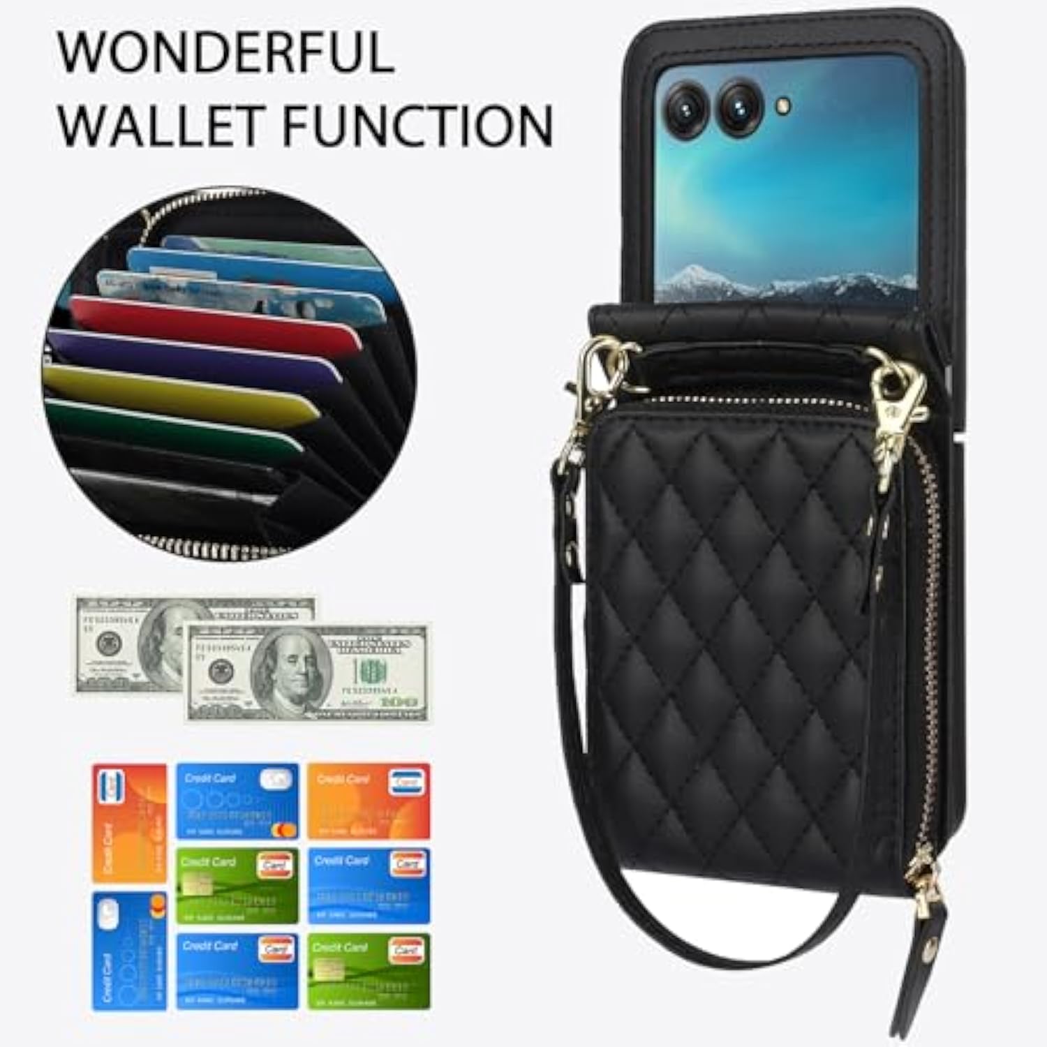 Compatible For Motorola Razr 2024 Case With Card Holder,Wallet Phone Cover For Moto Razr 2024 Leather Wristlet Finger Loop Case With Detachable Strap For Moto Razr 50 Black