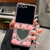 For Samsung Galaxy Z Flip 7 Glitter Bling Case, Cute 3D Sparkle Heart Makeup Mirror Crystal Rhinestones Flowers Diamond Gems With Lanyard Wrist Strap Women Girls Case For Galaxy Z Flip 7,Pink