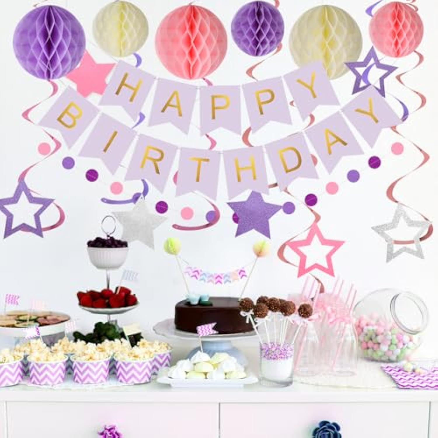 Purple Happy Birthday Party Decorations – Banner, Honeycomb Balls, Swirls & Garland for All Ages