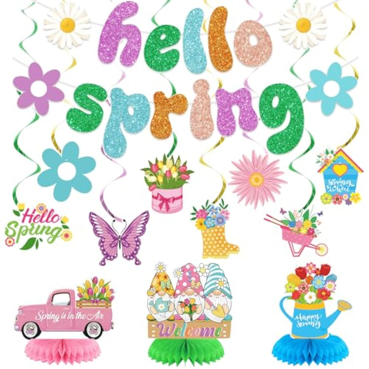 Spring Party Decorations, Hello Spring Decoration Include Banner, Hanging Swirls And Honeycomb Centerpieces, Butterfly Flowers Hanging Decorations Spring Decorations For Home Office Classroom