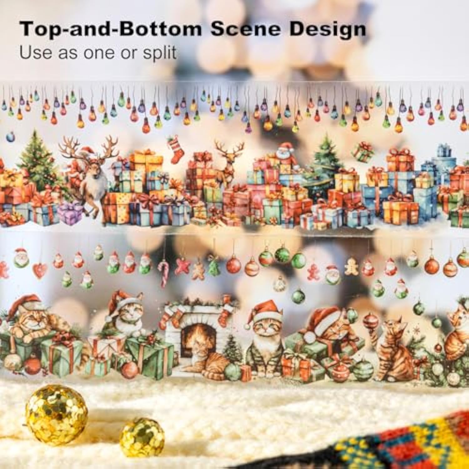 Christmas Pet Tape Set - Seamless Loop Design With Snowy Villages, Festive Cats And Holiday Scenes, Includes Decorative Clip, Self-Adhesive Rolls For Scrapbook, Journal And Diy Decor