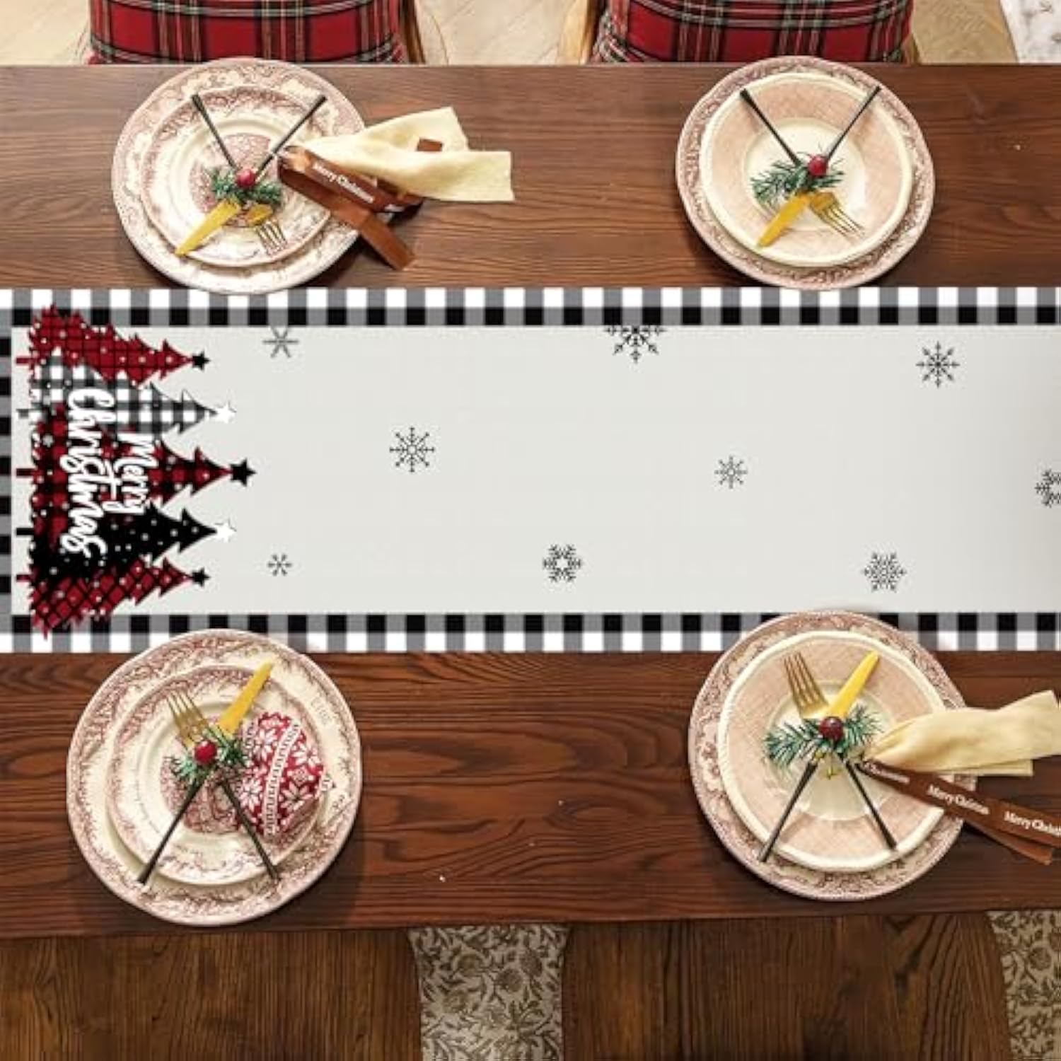 Xmas Table Runner For Buffalo Plaid Christmas Decorations, Merry Christmas Tree Table Runner, Christmas Table Runners 72 Inches Long, Winter Table Runners For Christmas Table Decorations (Tree)