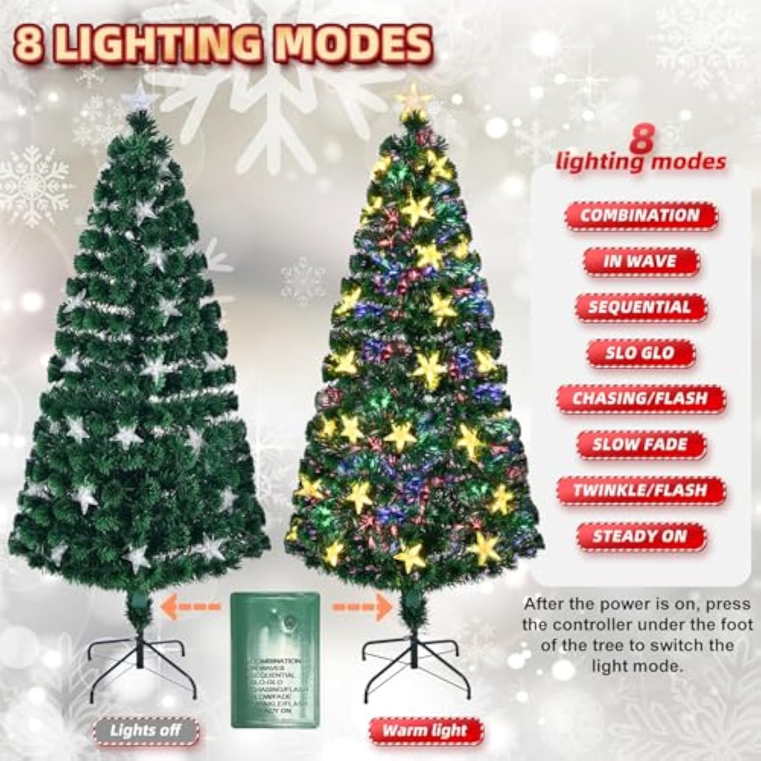 6Ft Pre-Lit Artificial Christmas Tree, Lighted Optical Fiber Xmas Trees With Warm White Large Stars & Color Changing Optical Fiber Lights, Party Home Holiday Green Fake Tree With Metal Legs