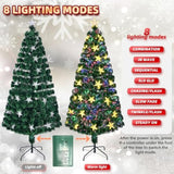 6Ft Pre-Lit Artificial Christmas Tree, Lighted Optical Fiber Xmas Trees With Warm White Large Stars & Color Changing Optical Fiber Lights, Party Home Holiday Green Fake Tree With Metal Legs