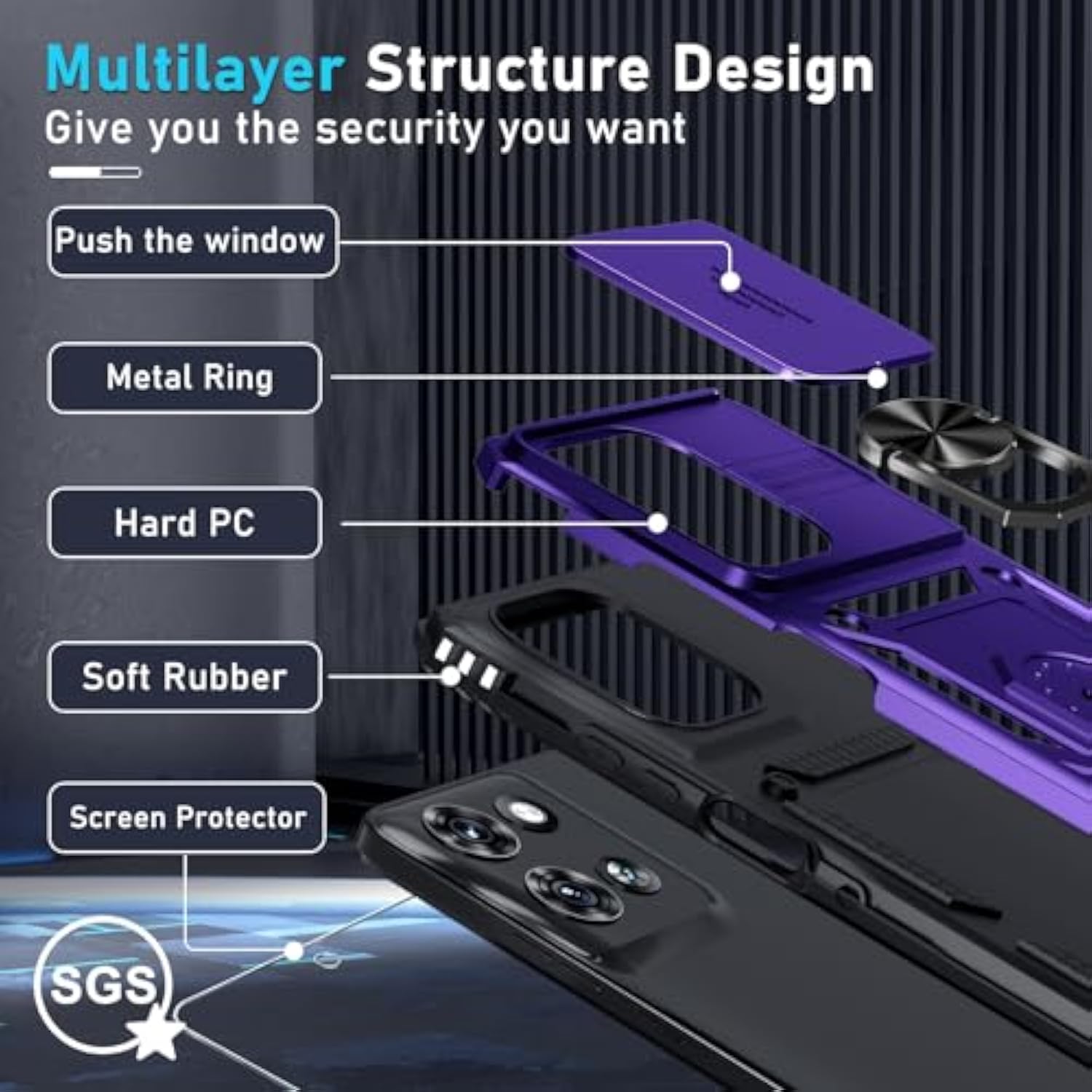 Compatible With Moto G Power 5G 2025 Case Built In Slide Camera Lens Cover+Screen Protector+Finger Ring Holder Kickstand,Heavy Duty Shockproof Full Body Protective Phone Cover,Purple